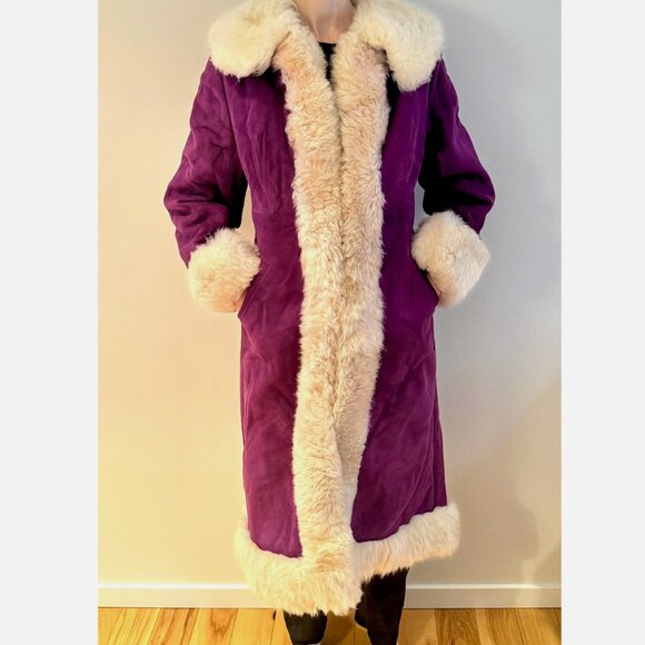 Purple Suede Sheepskin Shearling Leather Vintage Fur Penny Lane Long Maxi Coat S - Picture 12 of 12